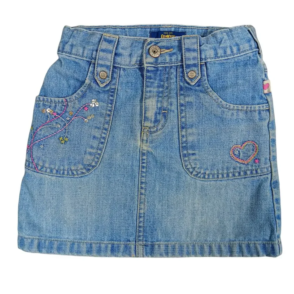 OshKosh B'gosh Denim Mini Skirt Size 5 Light Blue Wash Embroidered Adjustable